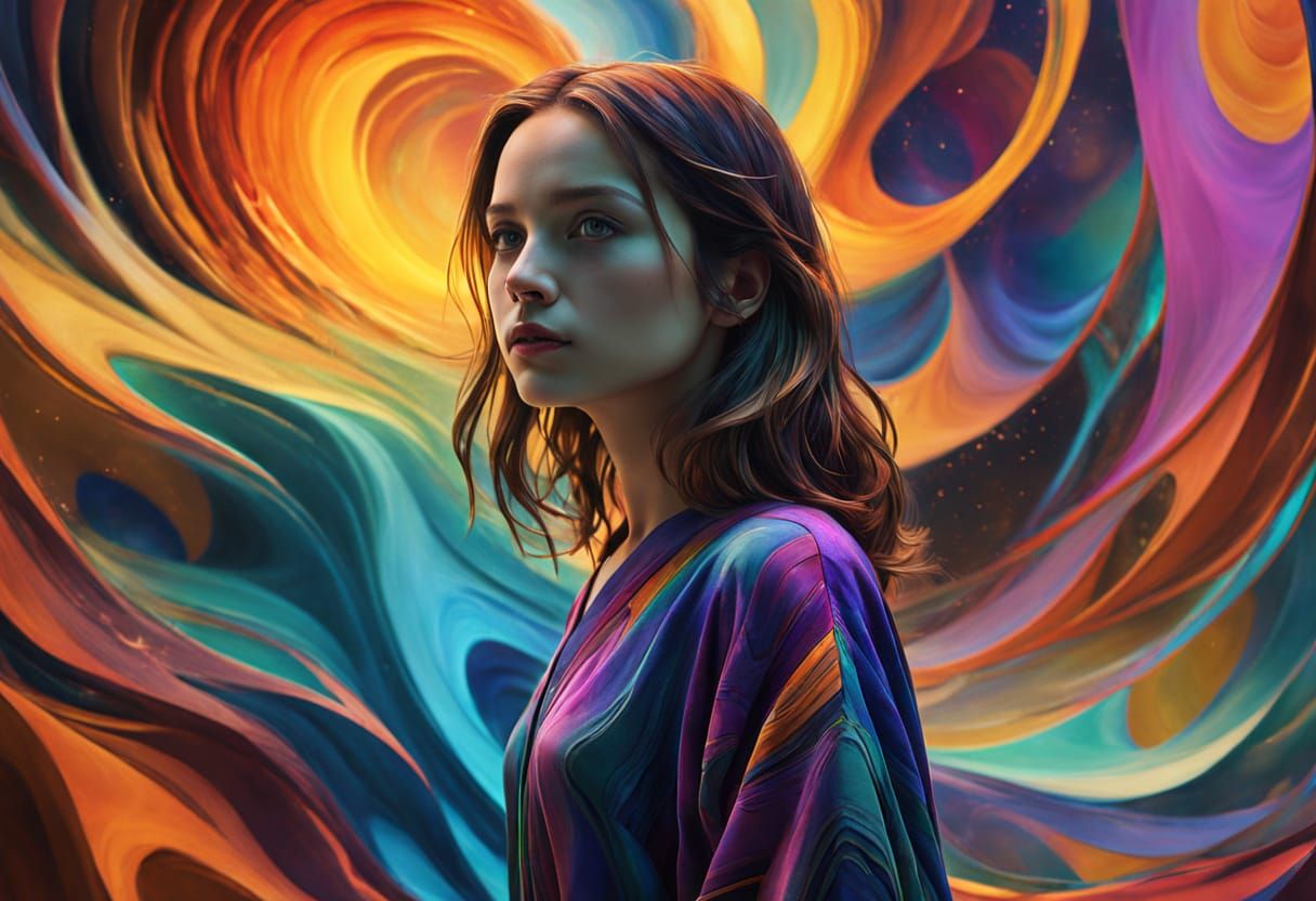 Woman in Non-Euclidean Space in Painterly Style