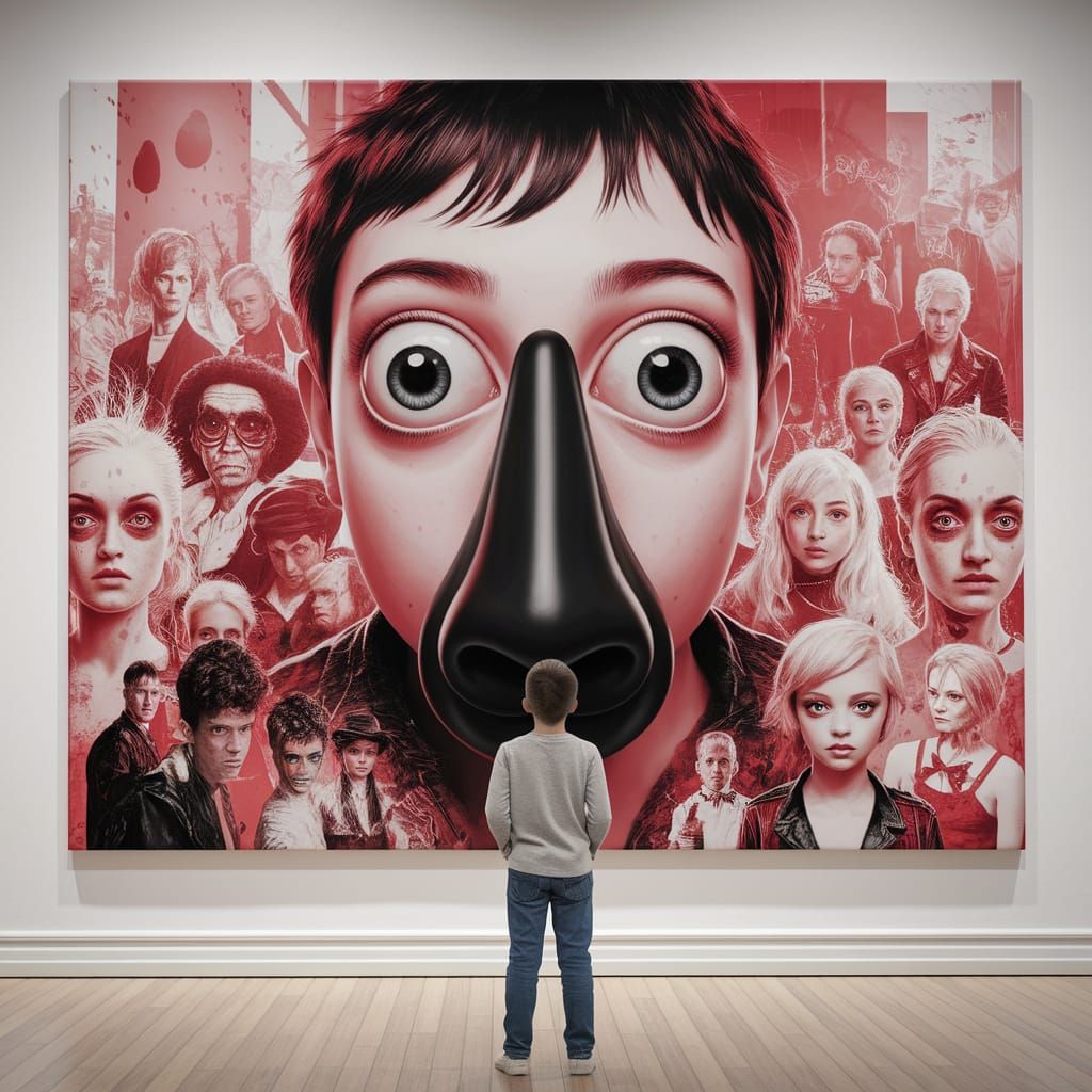 Boy Gazes at Haunting Portraits on Large Canvas