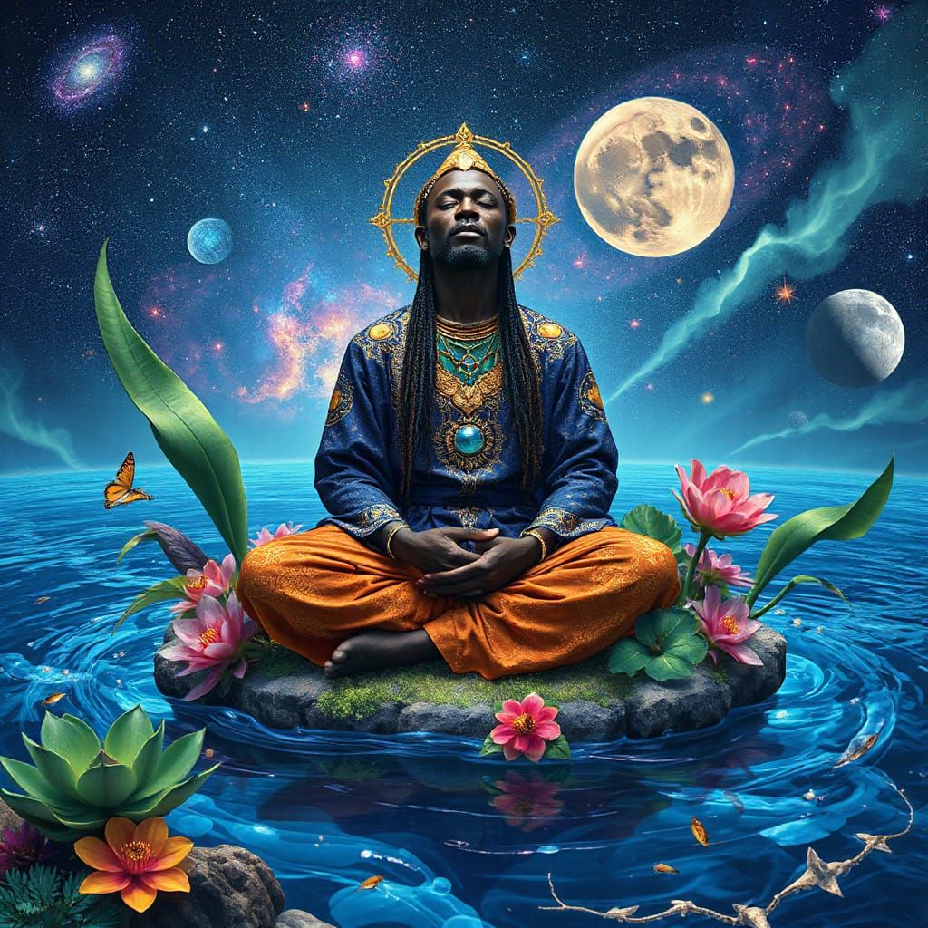 Celestial African God of Wisdom in Cosmic Ocean