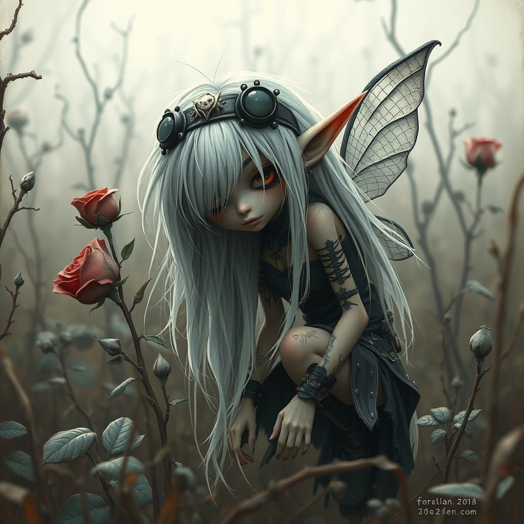 Gothic Pixie Amidst a Haunting Dead Garden