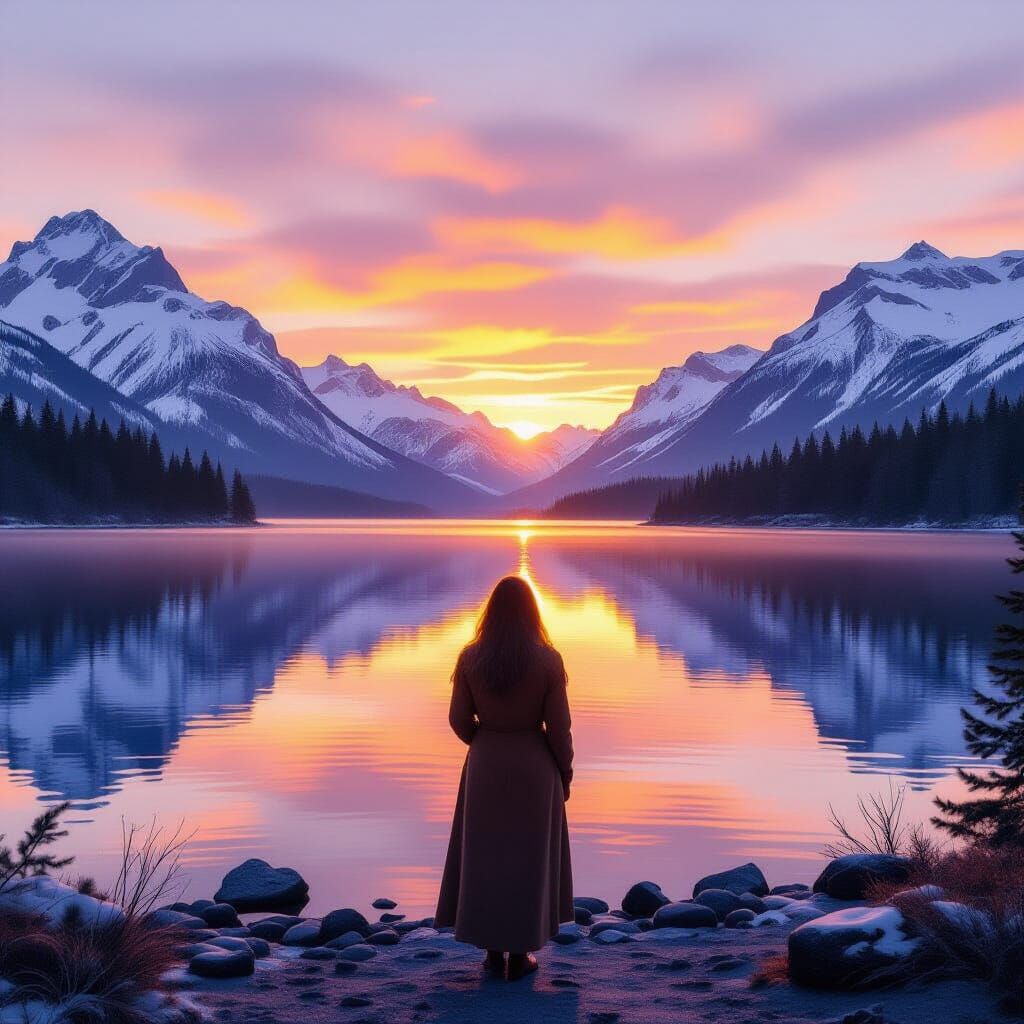 Sunset Reflection on Lake with Serene Woman