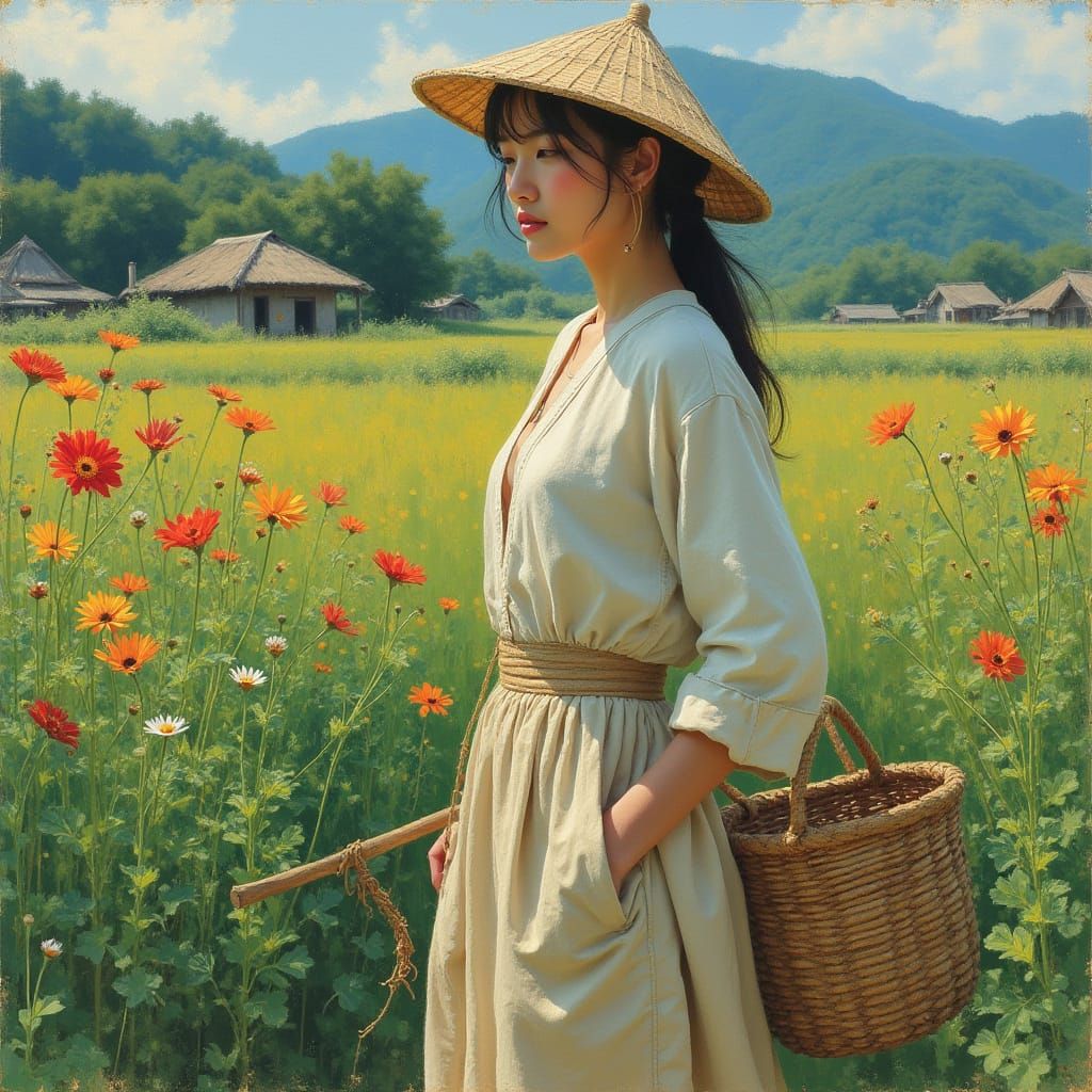 Asian Woman Surrounded by Vibrant Wildflowers in a Serene Ru...