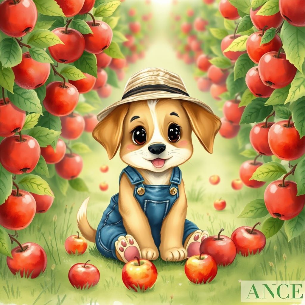 Whimsical Apple-Picking Pup in a Lush Orchard