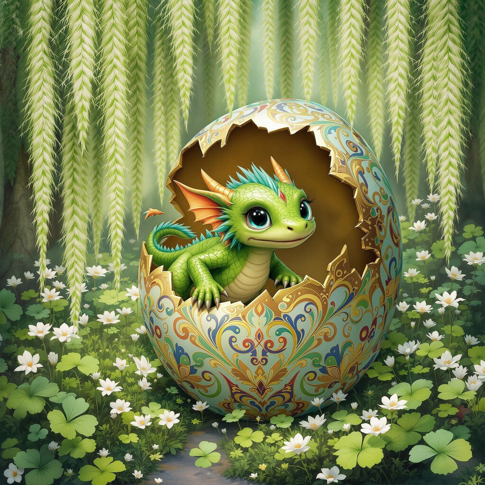 Emerging Green Dragon in Whimsical Garden Scene