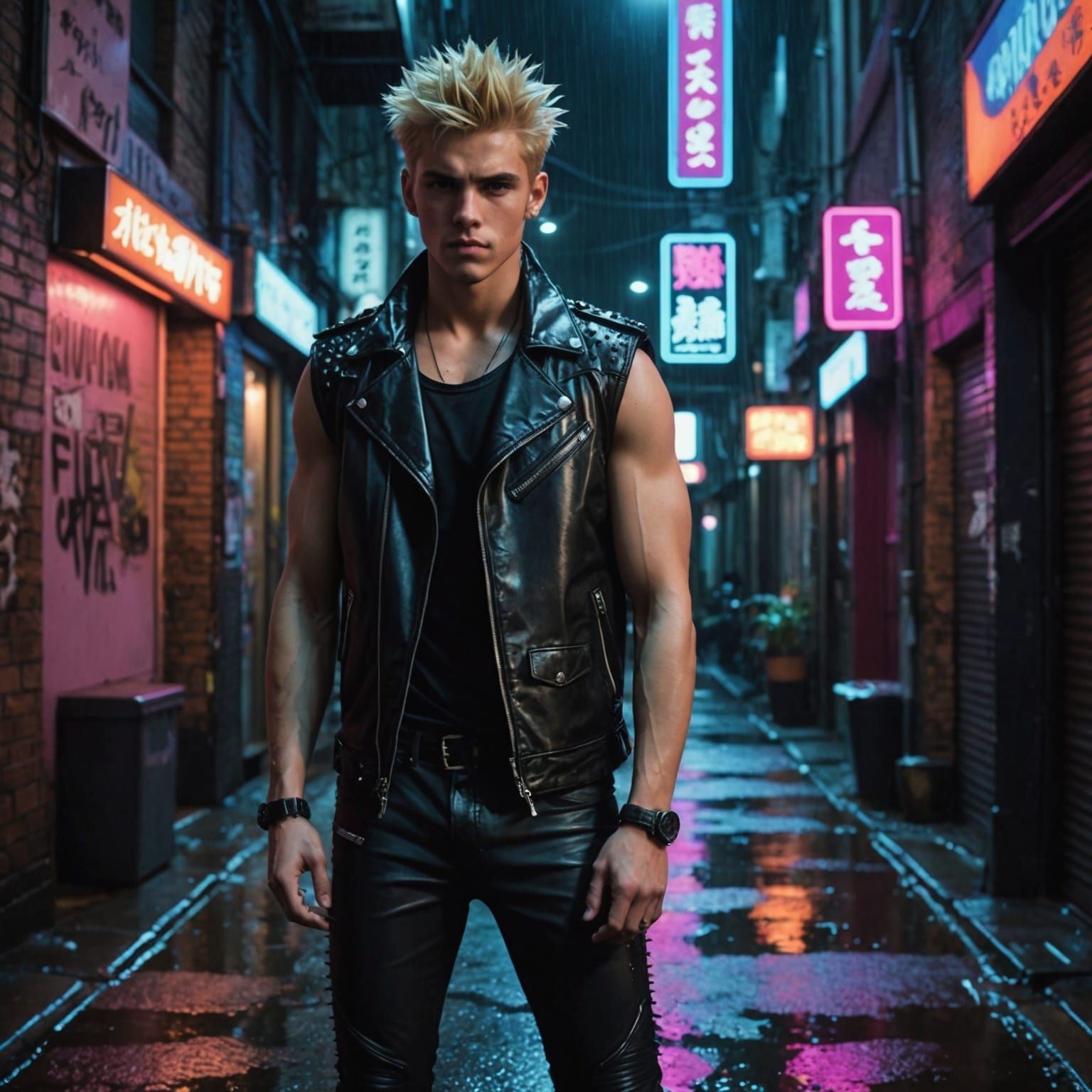 Anime Guy in Neon Alleyway: Cinematic Film Still