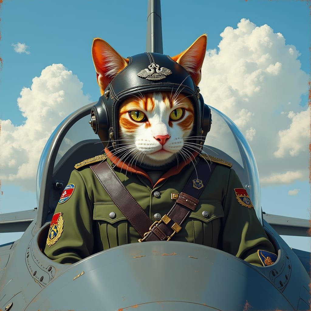 Cat Pilot in F-16 Fighter Jet, Expressionist Art