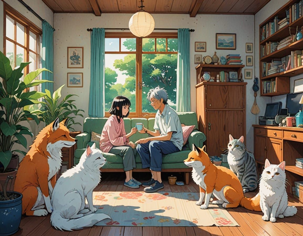Girl with her grandma and pets