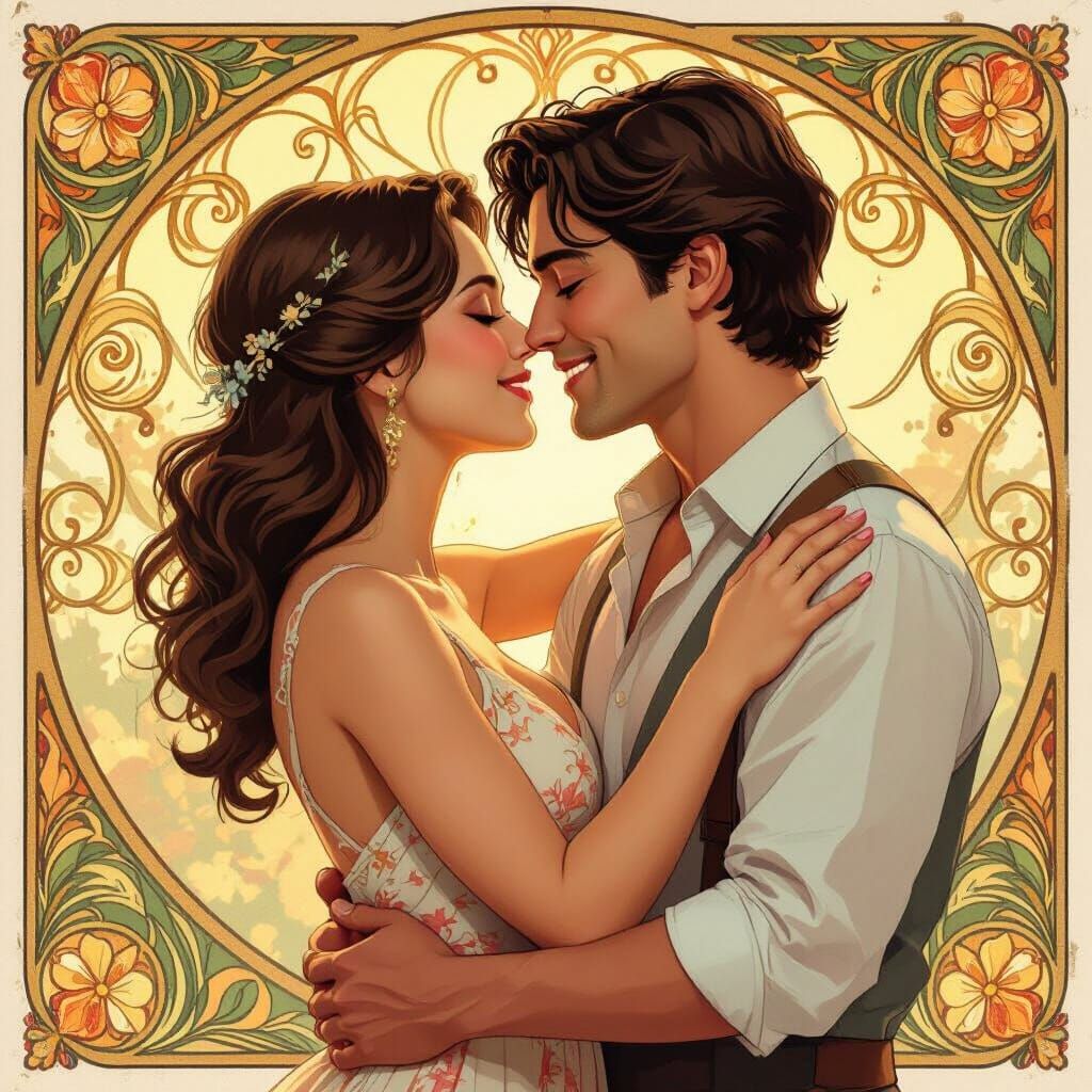 Romantic Embrace in Golden Light: Digital Art