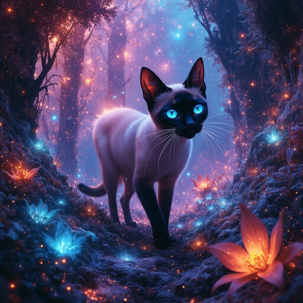 Bioluminescent Siamese Cat in Alien Jungle