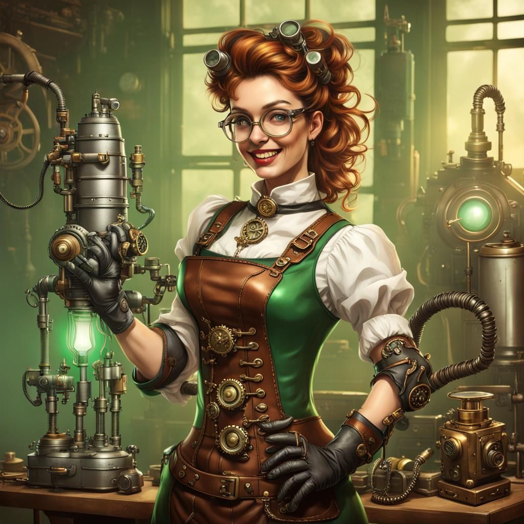 Steampunk Artificer in Workshop with Robot Cat
