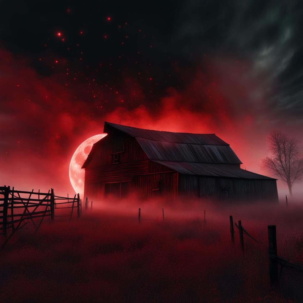 Haunted Farm with Red Moon in Darkcore Style