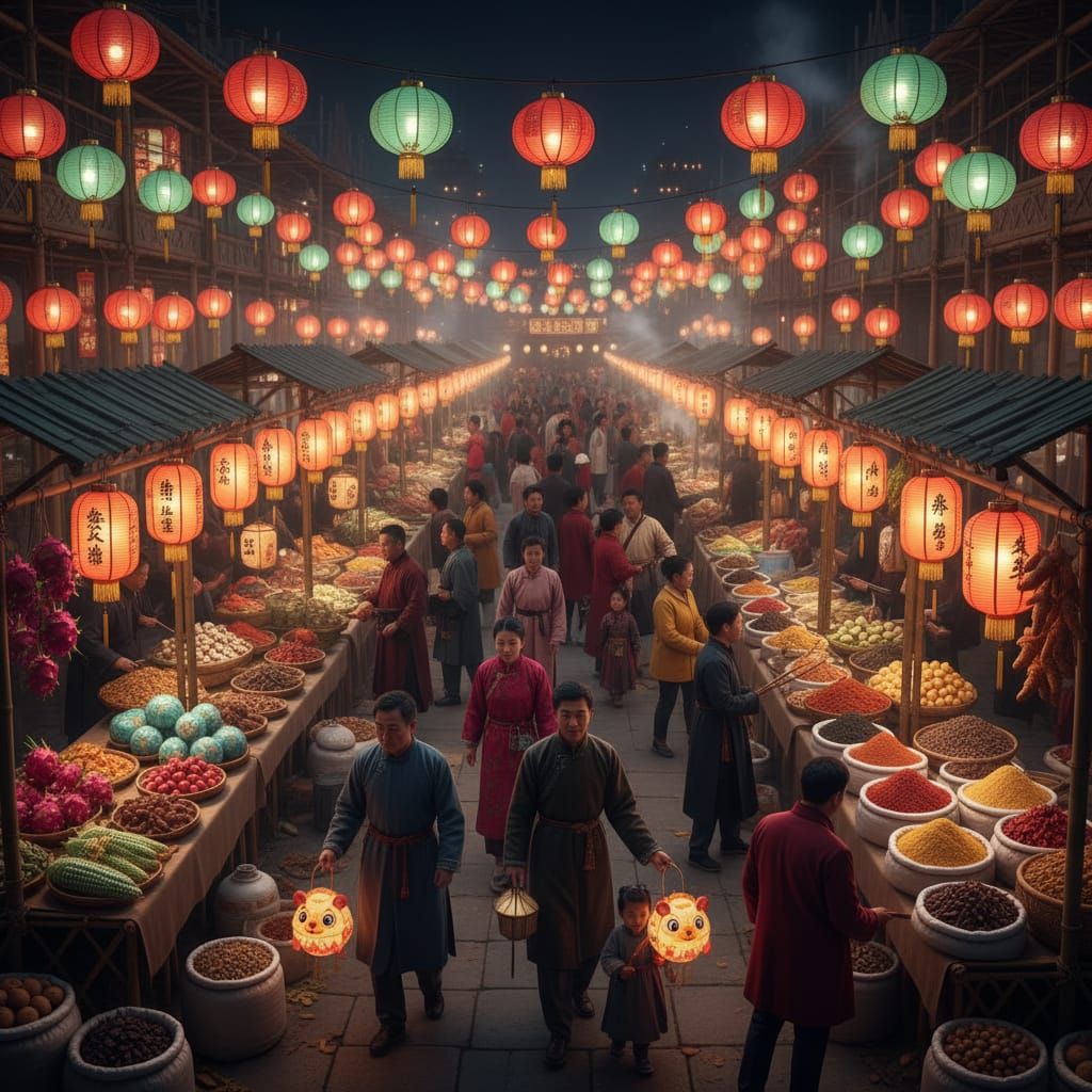 Midnight Chinese Market Under Paper Lanterns