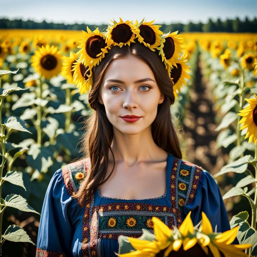 Ukrainian Woman in Sunflower Field: Natural Light Photograph...