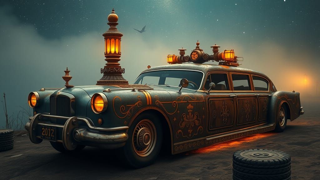 Ornate Steampunk Limousine in Post-Apocalyptic Setting
