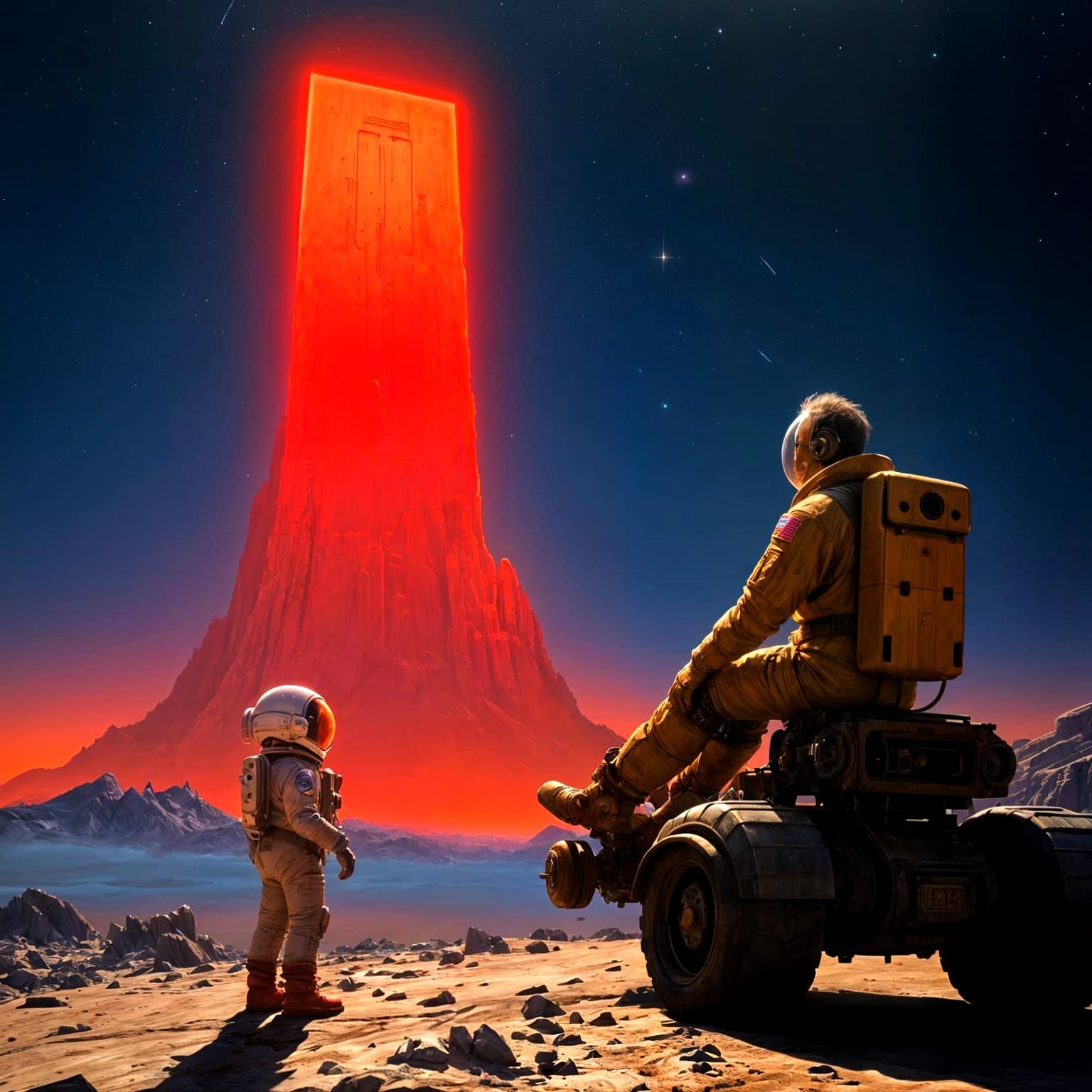 Astronaut Child and Red Monolith in Airbrushed Style