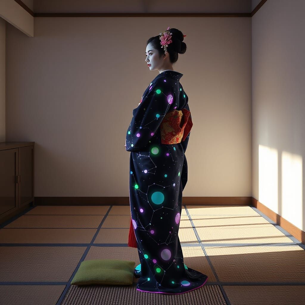 Geisha in Bioluminescent Kimono in Minimalist Tearoom