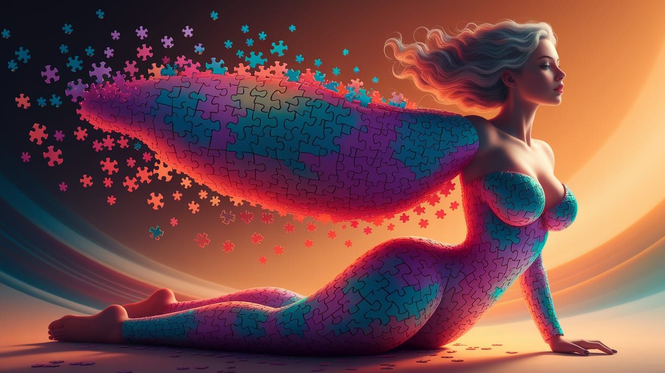 Voluptuous Woman Disintegrates into Vibrant Puzzle Pieces in...
