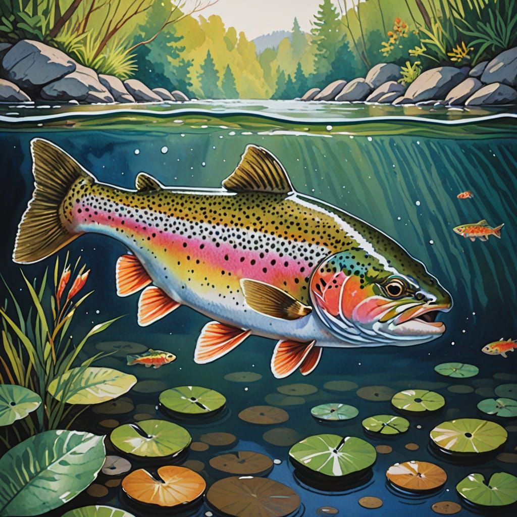 Rainbow Trout Swimming in Stream as Gouache Painting