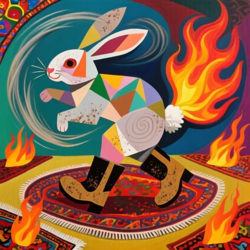 Whirlwind Rabbit in Cubist-Inspired Folk Art Style