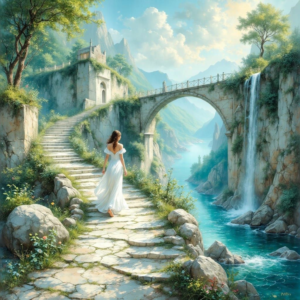 Dreamscape View: White Stone Path to Waterfall