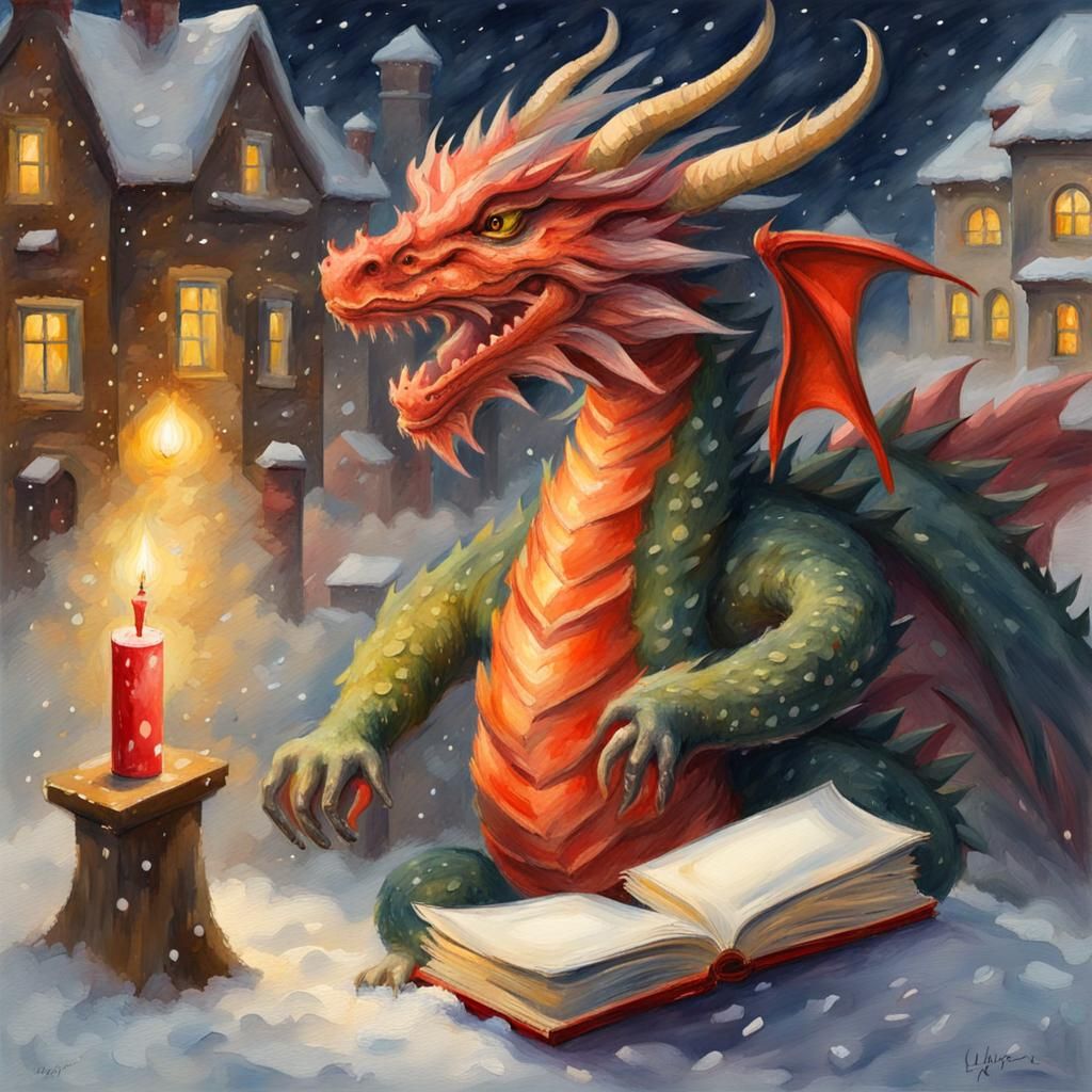 Christmas Dragon with List in Gouache Style