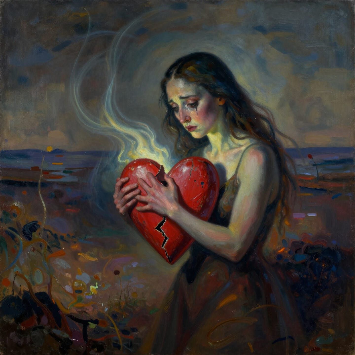 Sad Woman in Dreamy Wasteland with Ethereal Heart