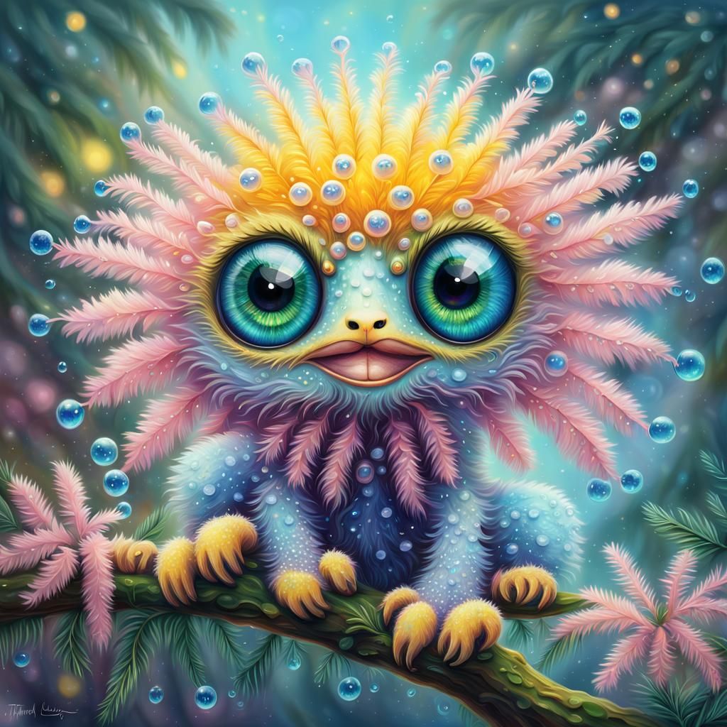 Cute Mimosa Flower Creature in Holographic Astral Style