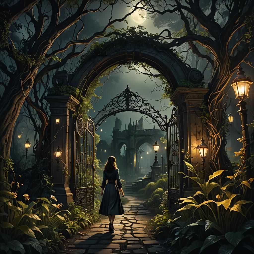 Enchanted Secret Garden at Night in Dark Fantasy Style