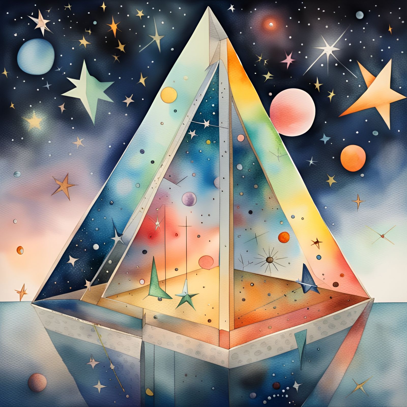 Celestial Prism Refracting Light in Surreal Watercolor