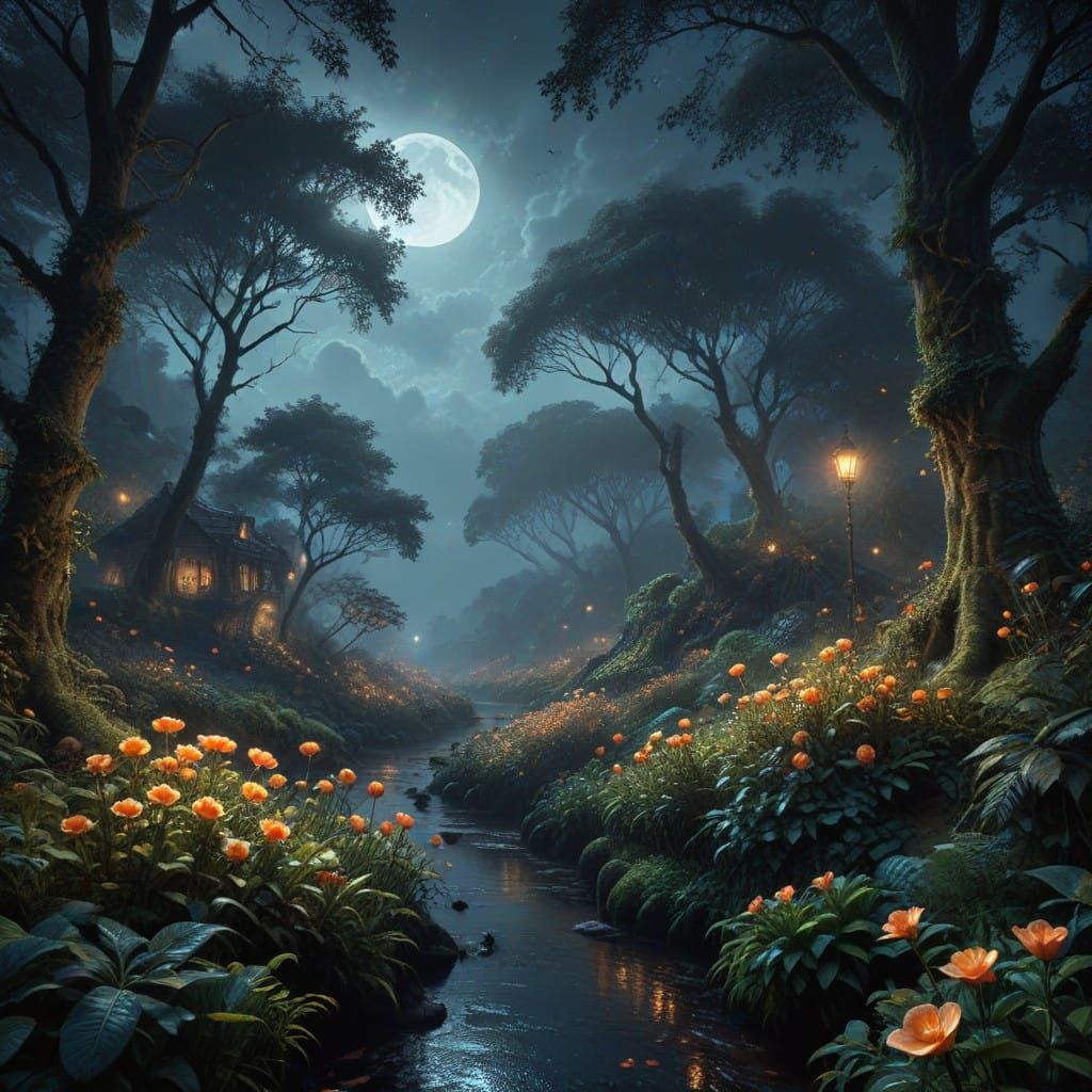 The night sky over a dense rainforest, where apricot-hued flowers glow faintly under the moonlight. Shadows dance among ...