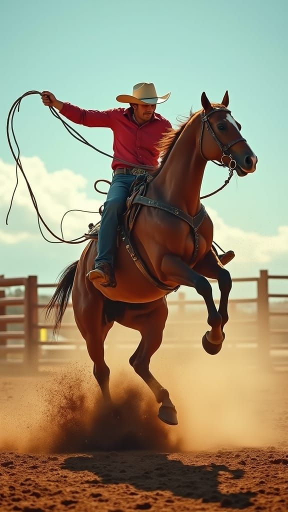 Wild Cowboy Rides a Bucking Bronco in Mid-Leap