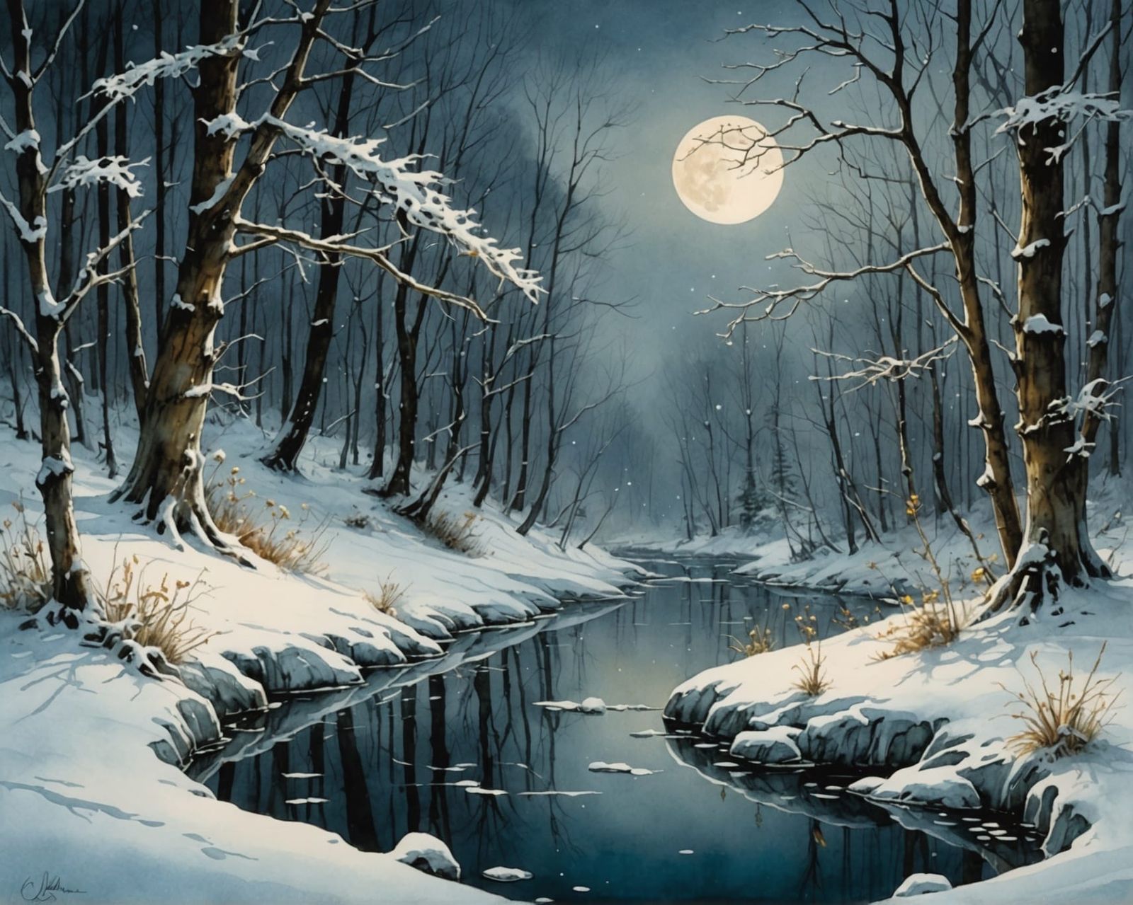 Iced River in Winter Forest: Monge Style Watercolor