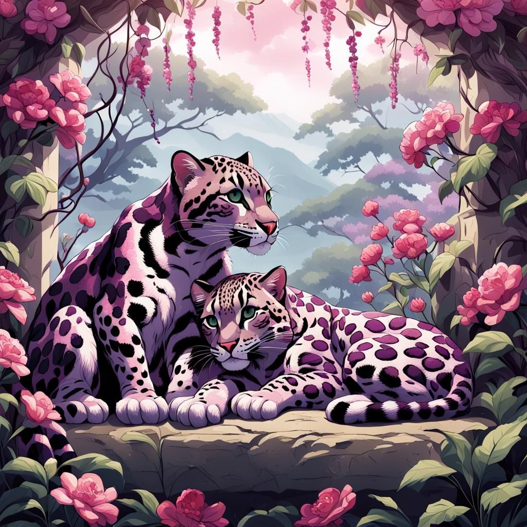 Clouded Leopards Cuddling in Anime Comic Style