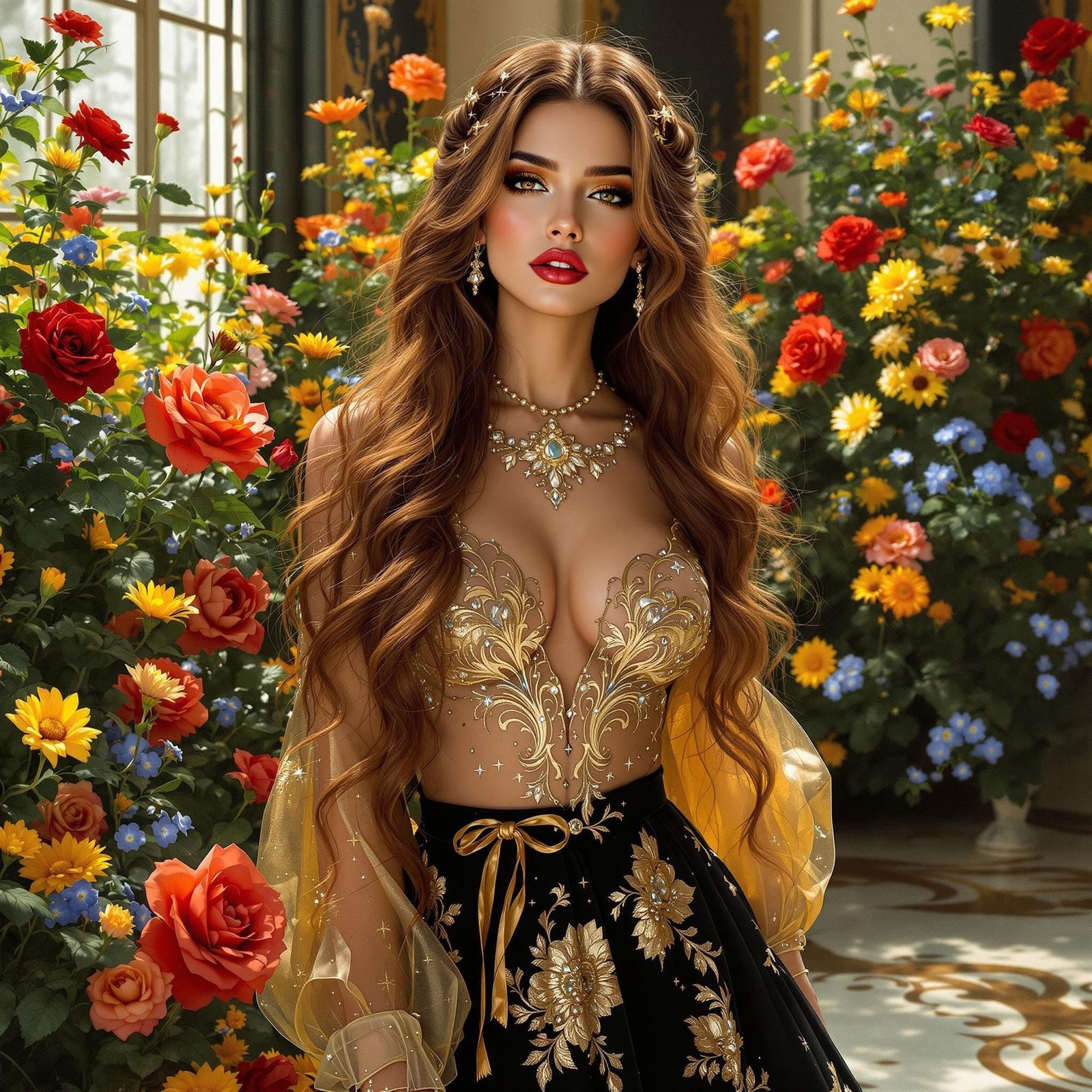 Elegant Woman in a Vibrant Garden, Oil Painting Style