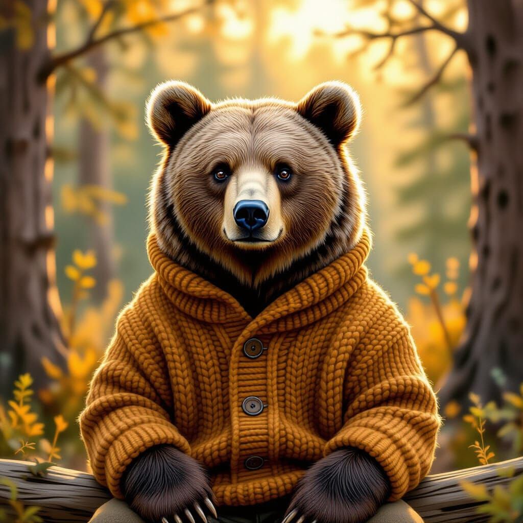 Cozy Grizzly Bear in Forest, Whimsical Illustration