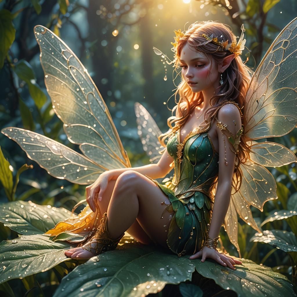 Ethereal Fairy on Dewy Leaf: Fantasy Concept Art