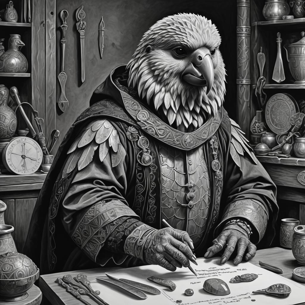 Tāne the Kakapo: Medieval Artisan in Black and White