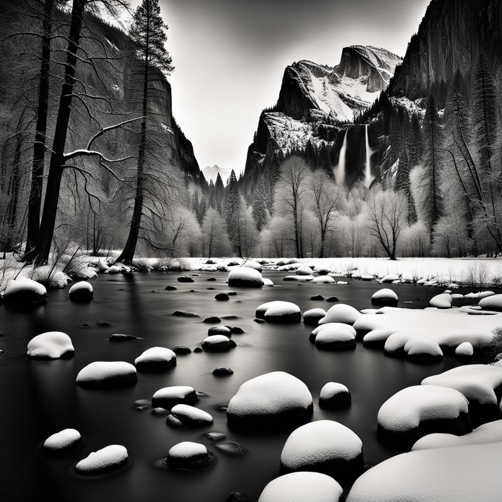 Merced river and Yosemite valley in winter. Ansel Adams. Hig...
