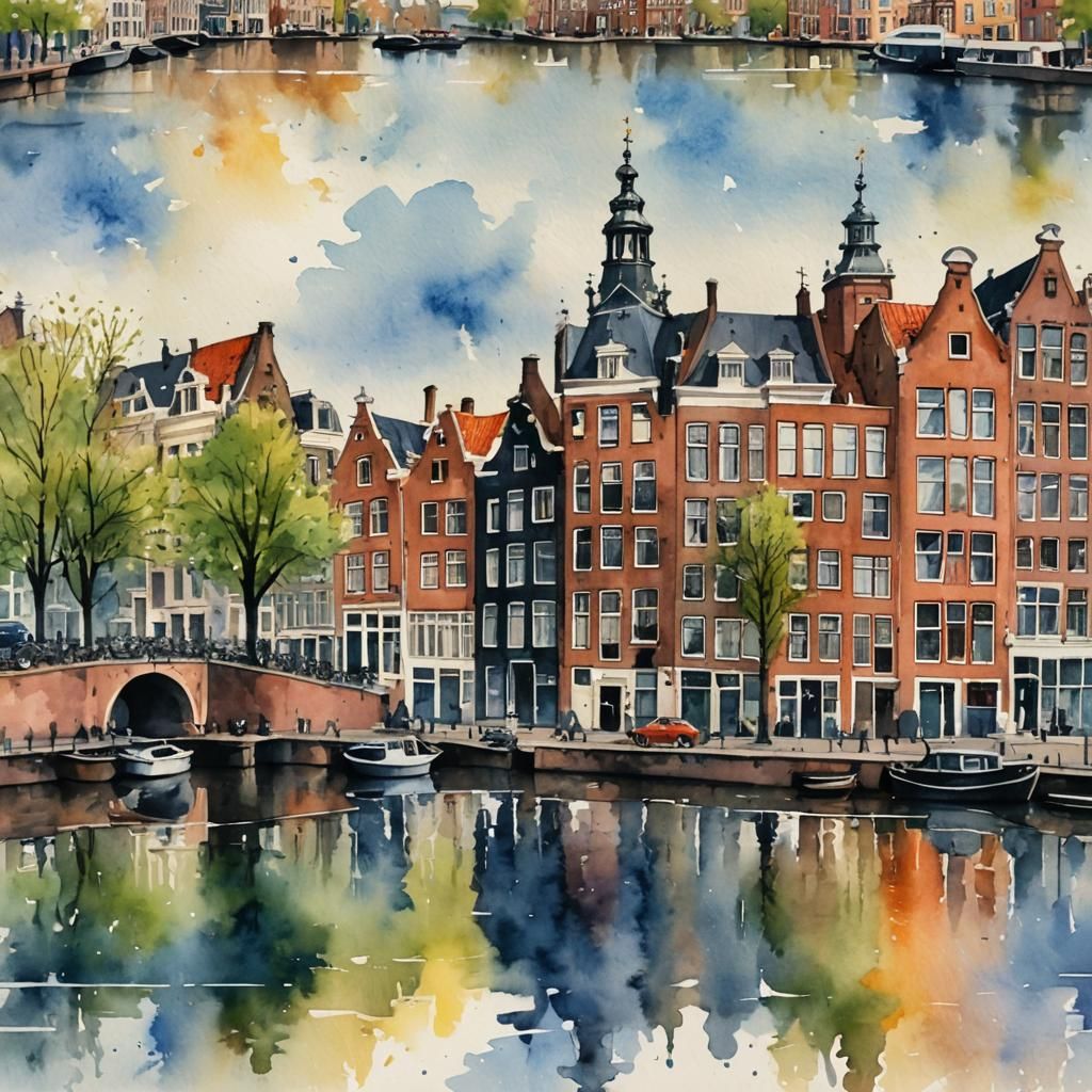 Amsterdam Watercolor Landscape Painting