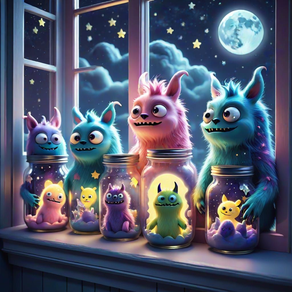 Playful Monsters in Jars: Starry Night Fantasy