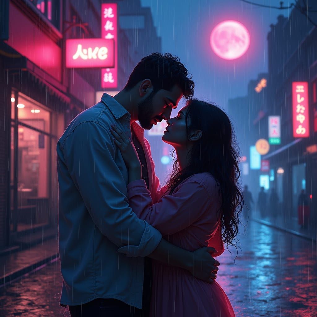 Futuristic Couple's Tender Hug Under Neon City Lights