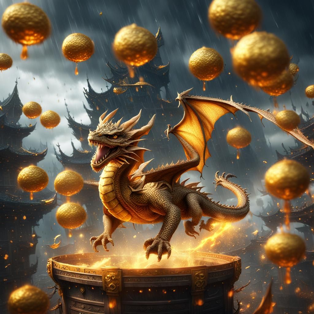 Dragon Soaring Through Sky Scattering Gold Coins