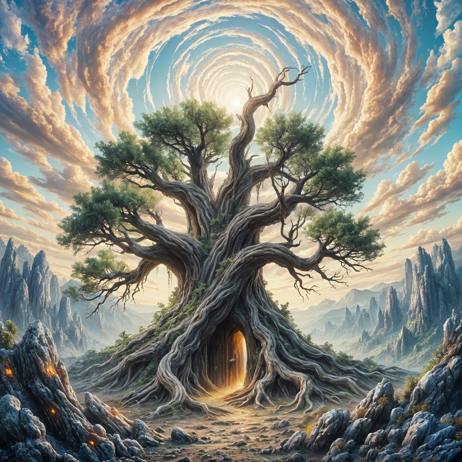 Majestic Ancient Tree Opens Hidden Doorway in Dreamlike Land...