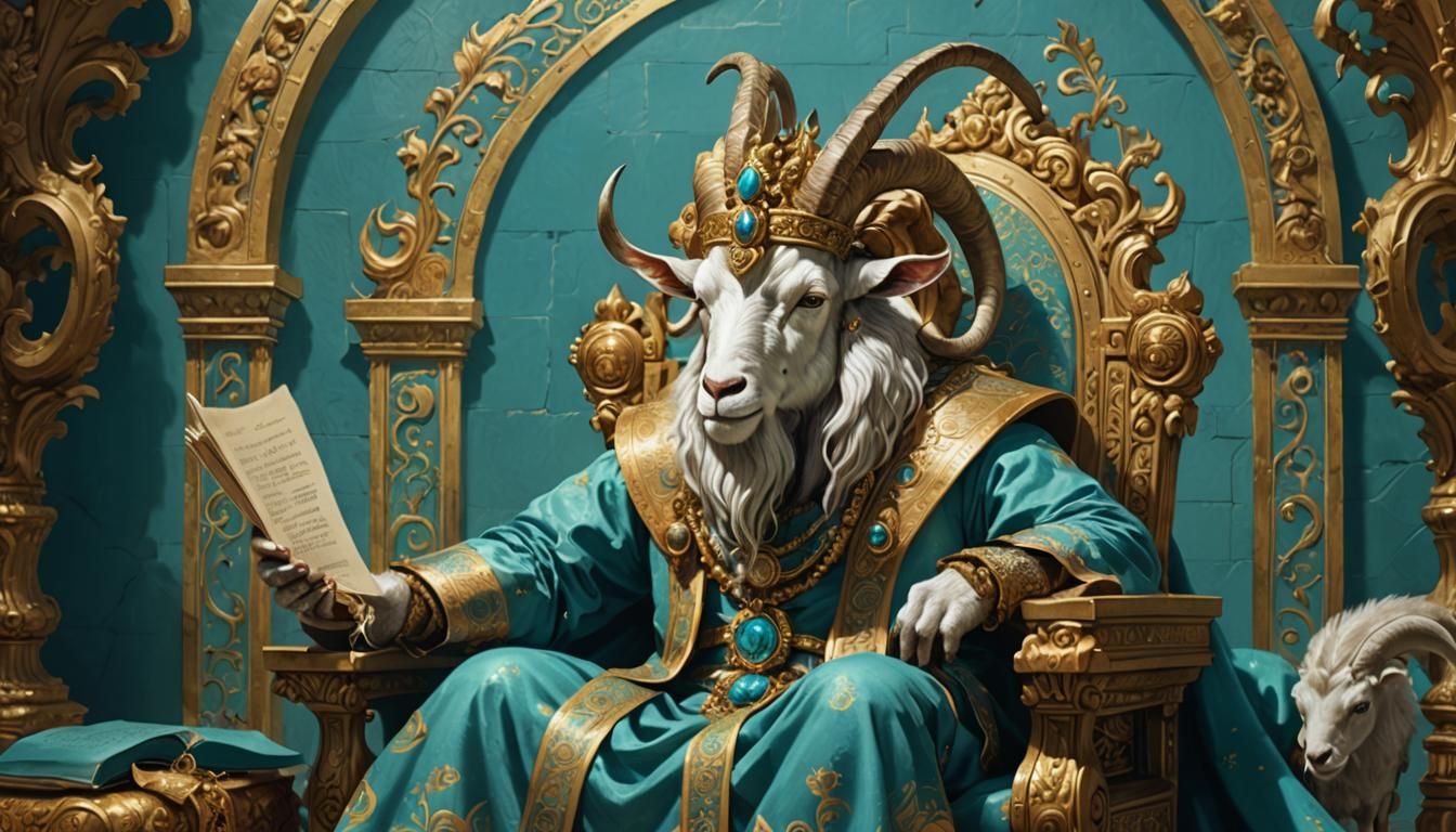 Anthropomorphic Goat King Reads Scroll in Opulent Chamber