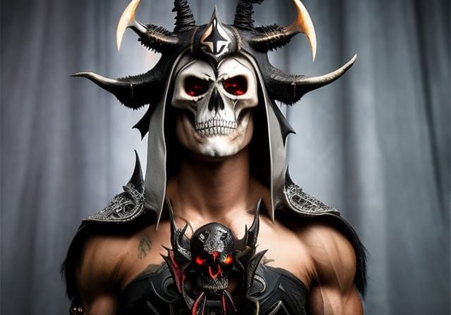 very close skull with a big wing warrior, looking terror, the background is a fantasy forest,   firelight, highly detail...