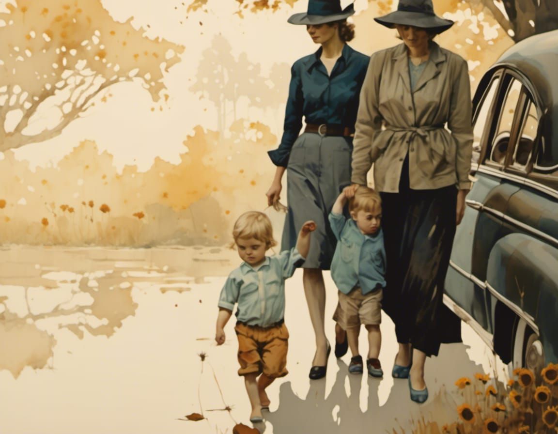 1950s Mother and Children Portrait as Watercolor