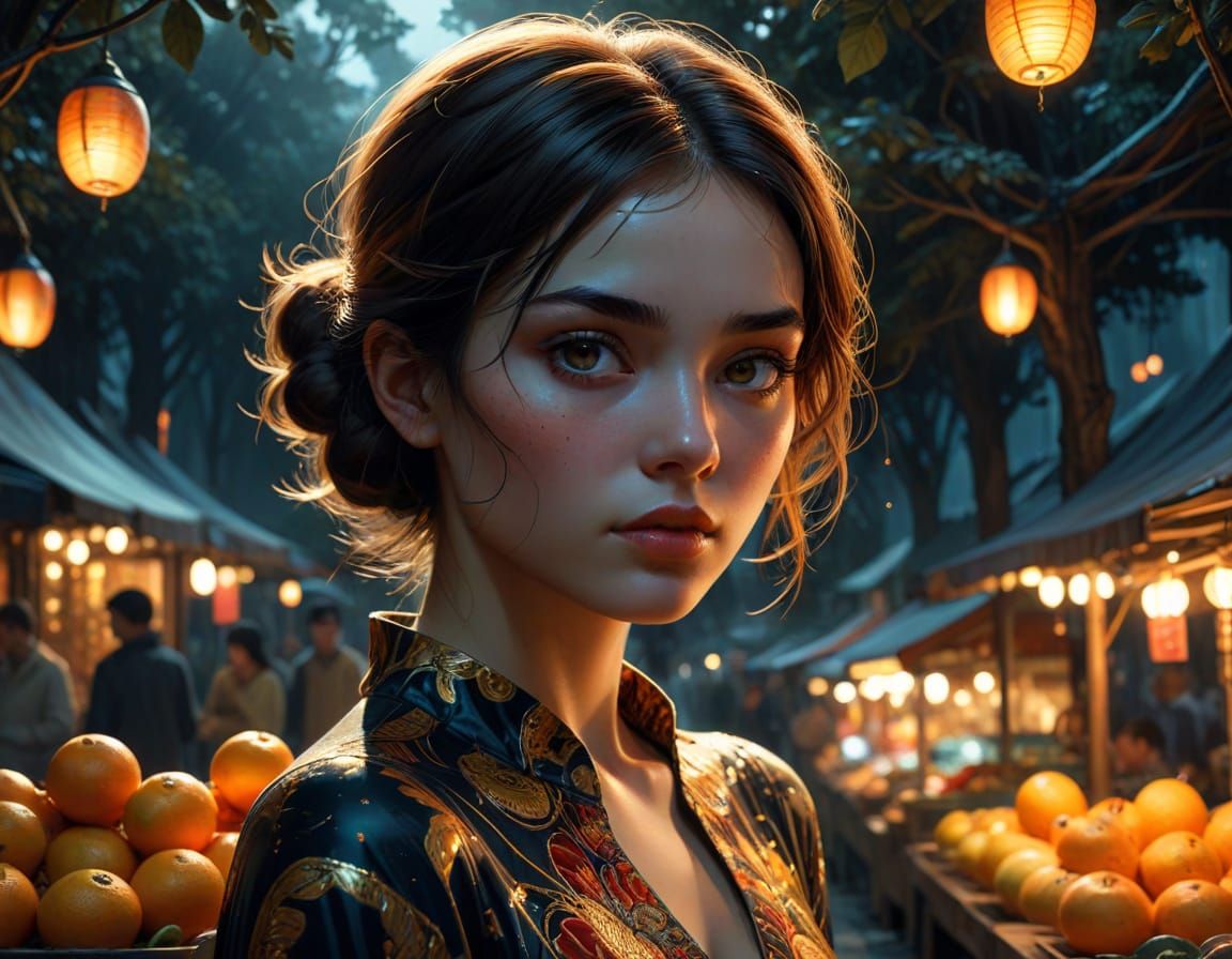 Whimsical Girl Enchants Night Market Under Mystical Forest S...