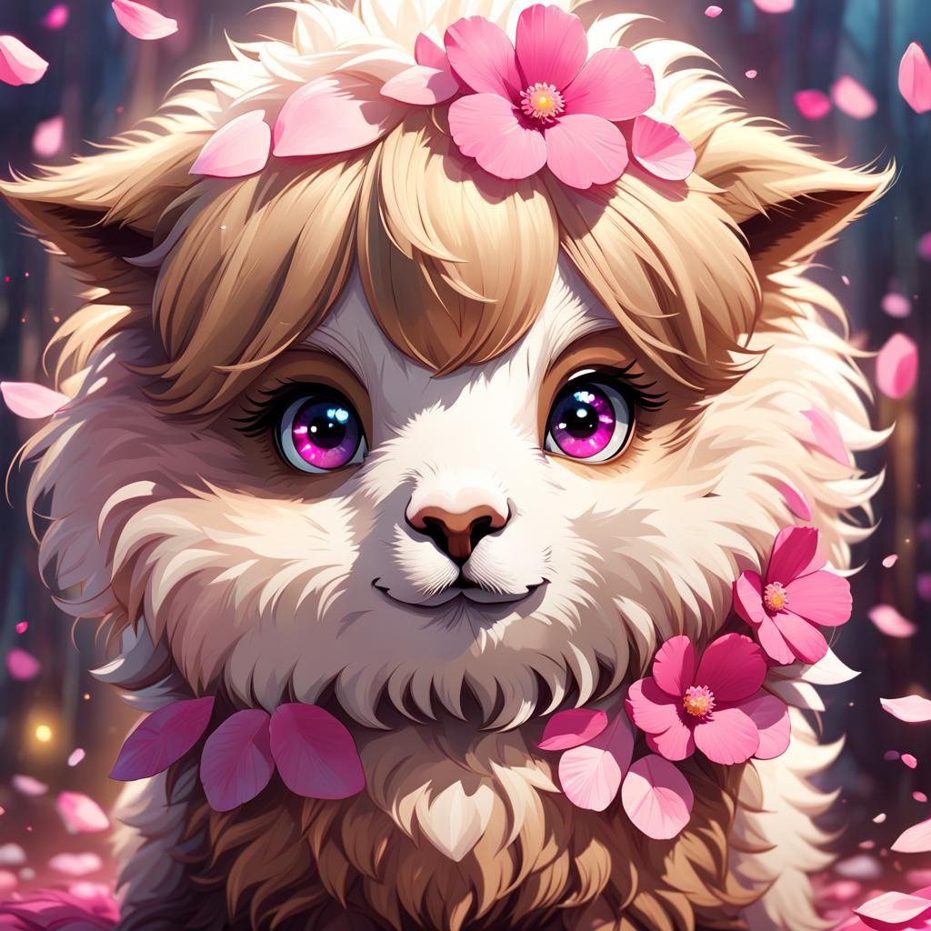 Chibi Adorable Alpaca with Pink Flowers