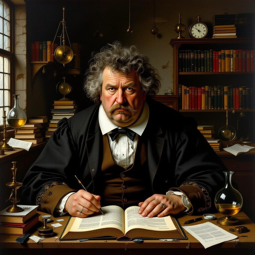 Chaotic Doctor in Cluttered Lab, Hyper-Realistic Painting