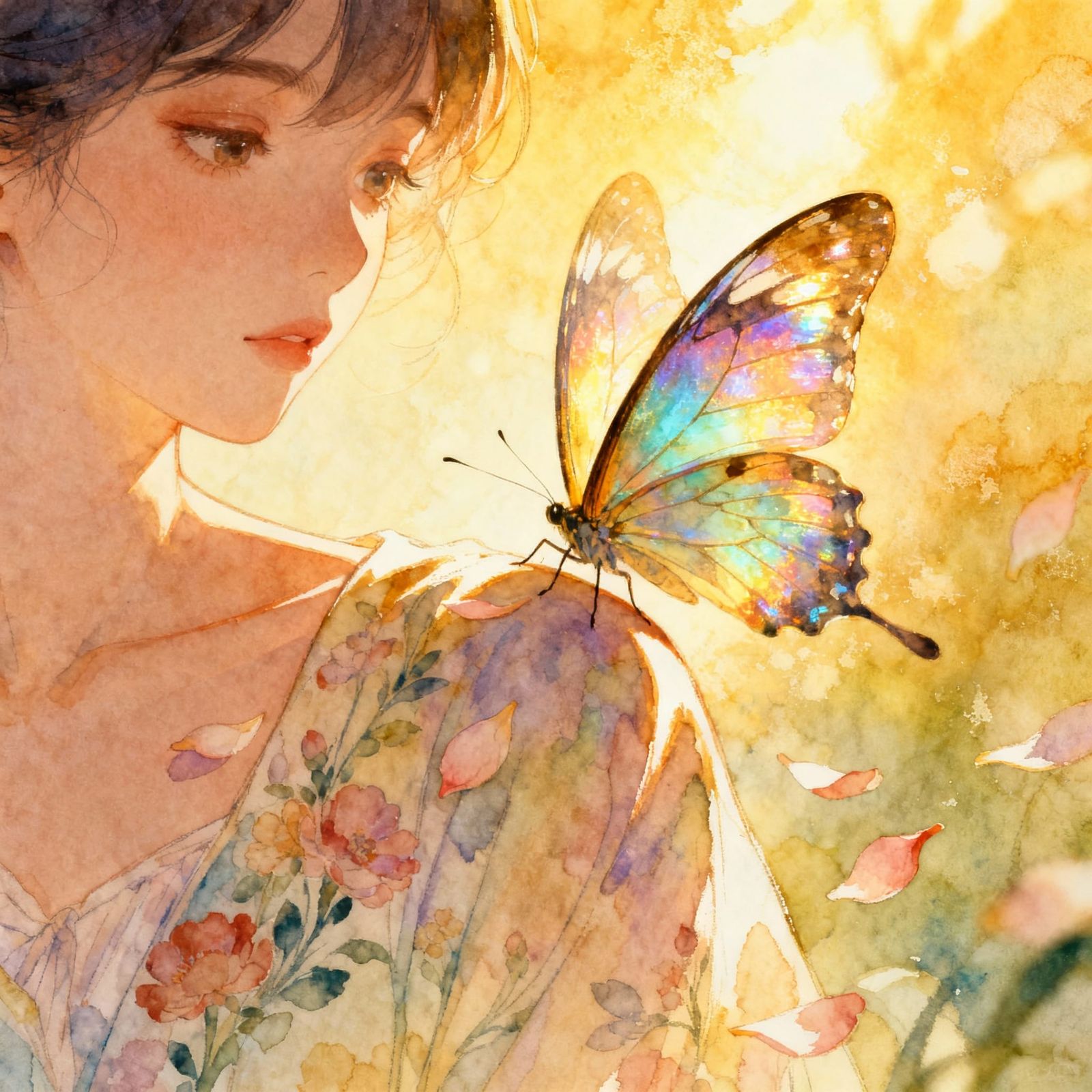 Butterfly on Shoulder in Vibrant Watercolor Style